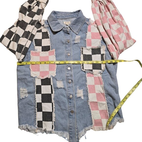 Pol Denim Distressed Checker Patch Jacket Size M Good Used Condition - Picture 6 of 8